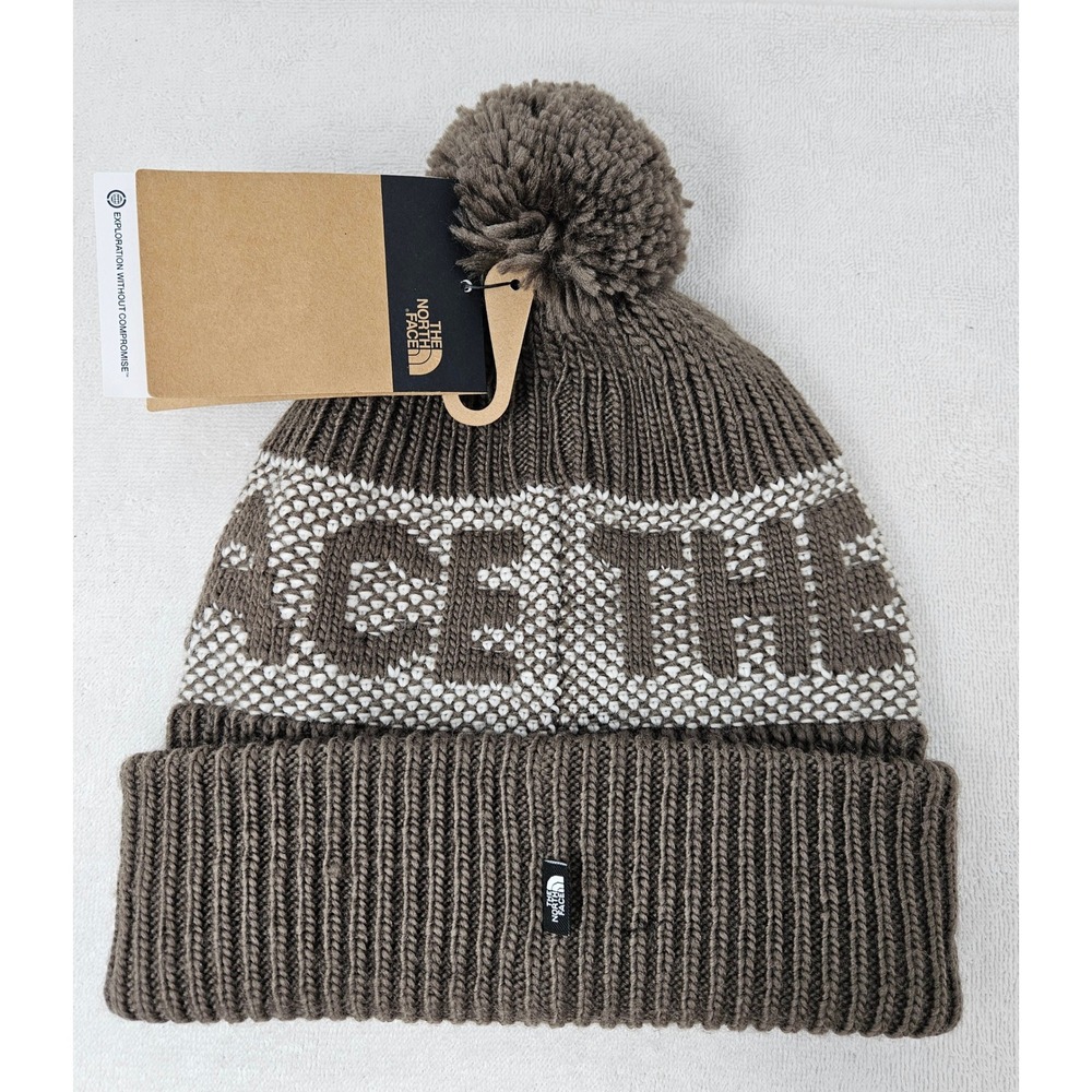 The North Face Unisex Retro Cabin Pom Beanie, One Size, Smoky Brown, NWT